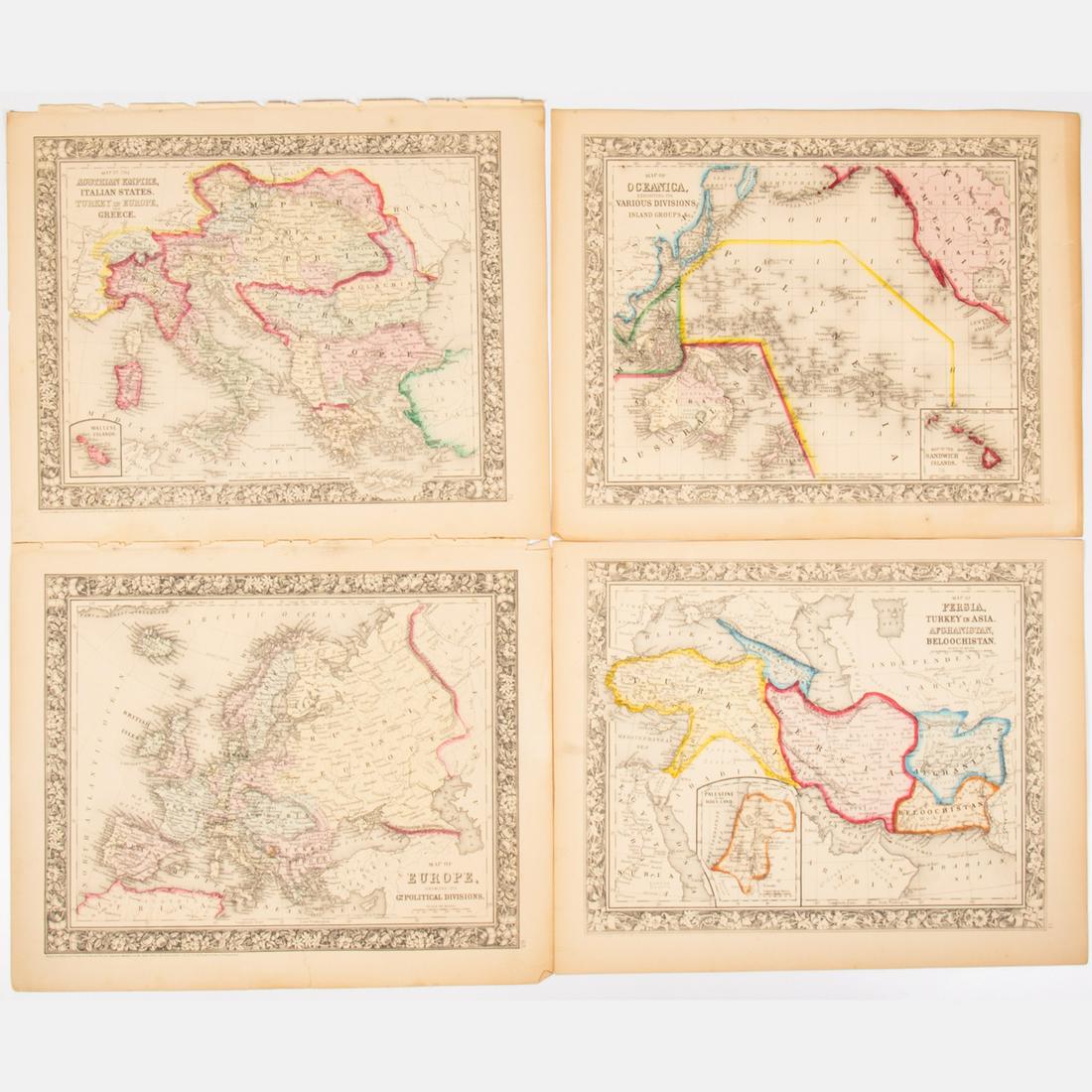Four Hand Colored, Engraved Maps from Mitchell's: Four Hand Colored, Engraved Maps from Mitchell's General Atlas (1862), Pages 63, 74, 75 & 77.Includes:Map of Europe; Map of Persia,Turkey in Asia, Afghanistan and Beloochistan (inset Map of Palestine