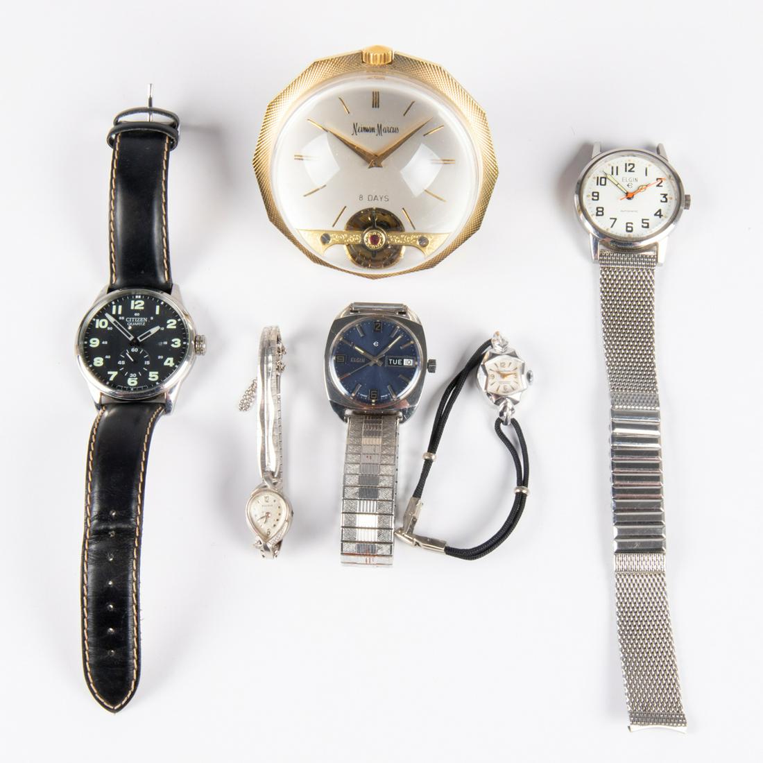 A Miscellaneous Collection of Vintage Wristwatches and: A Miscellaneous Collection of Vintage Wristwatches and Desk Clock by Various Makers,Including Elgin, Bulova, Citizen, Friedman and Ancre.Ladies watches are 10kt and 14kt plated.Please note no credit c