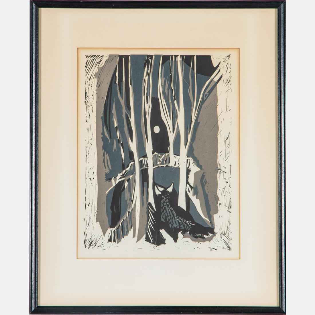 Zora Duvall: Zora Duvall (American, b. 1927)Untitled,Woodcut,Signed in print.Framed dimensions: H: 19 1/4 x W: 15 3/4 in.H: 12 W: 8 7/8 in.