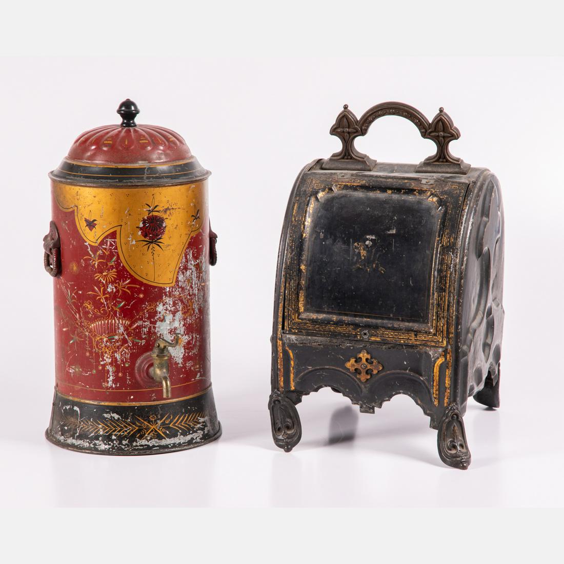 Tole Painted Metal Coal Hob: A Tole Painted Metal Coal Hob, 19th Century,Together with a tole painted water cooler, 19th Century.Largest dimensions: H: 22 1/2 x W: 10 x D: 12 in.The Falls-Wyse Collection
