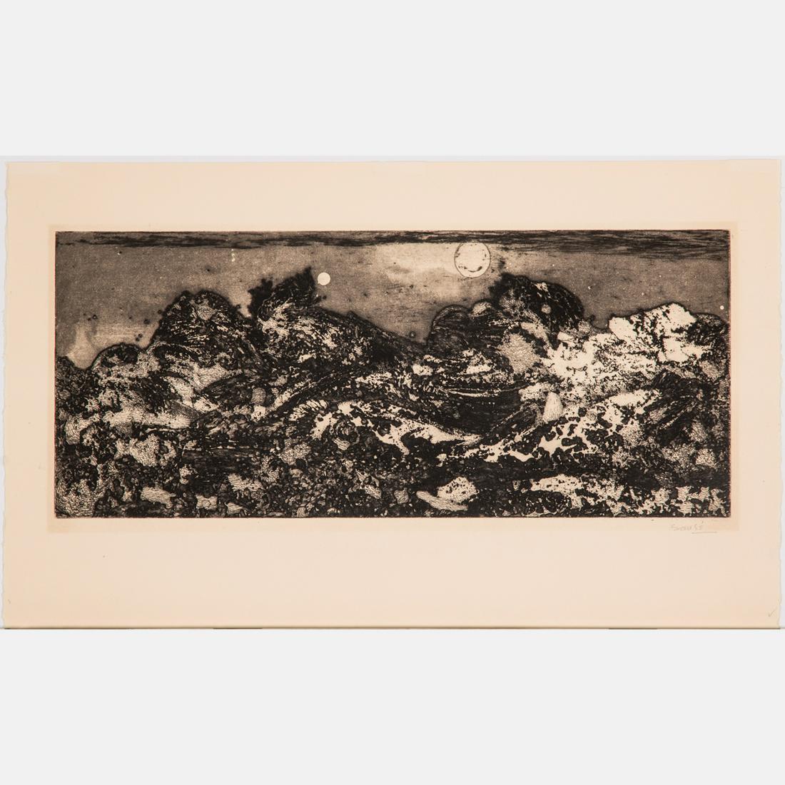 Juvenal Sanso (Spanish, b. 1929) Lueurs (Twilight),: Juvenal Sanso (Spanish, b. 1929)Lueurs (Twilight),Etching and aquatint, Signed lower right. Edition of 250 plus 10.Published by the Print Club of Cleveland, Ohio. Publication no. 41 for 1963. The Prin