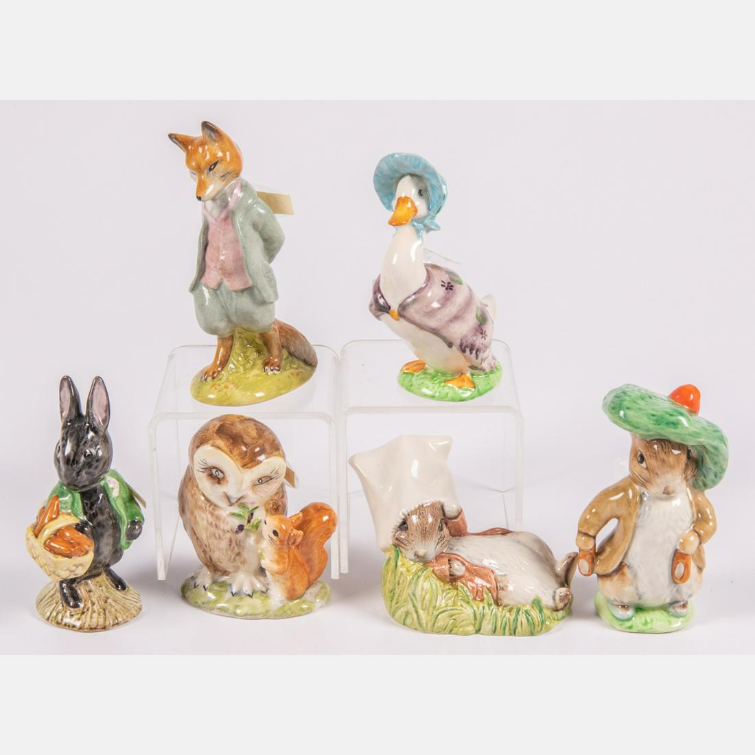 A Collection of Six Beswick & Royal Albert Porcelain: A Collection of Six Beswick & Royal Albert Porcelain Beatrix Potter Figures,Comprising of Benjamin Bunny 1948, Benjamin Wakes Up 1990, Little Black Rabbit 1977, Jemima Puddleduck 1948, Old Mr. Brown 1