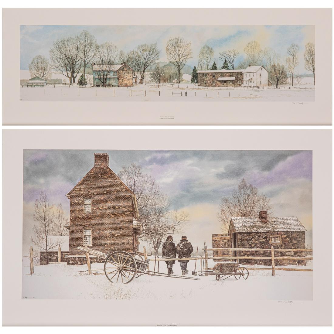 Two Unframed Limited Edition Offset Lithographs by: Two Unframed Limited Edition Offset Lithographs by Peter Sculthorpe (American, b. 1948),Snow for Christmas, 63/500Along the Meadow, 13/500Both signed in pencil lower right.Largest sheet dimensions: H: