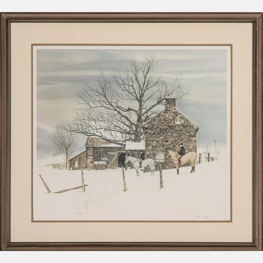 Peter Sculthorpe (American, b.1948) The Hunt in Snow,: Peter Sculthorpe (American, b.1948)The Hunt in Snow, Offset lithograph, Pencil signed lower right, 301/550 limited edition.Framed dimensions: H: 29 1/8 x W: 31 7/8 in. H: 20 W: 22 7/8 in.Hardcastle Ga