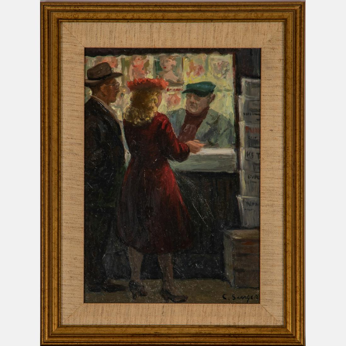 Clyde J. Singer (American, 1908-1999) News Stand at: Clyde J. Singer (American, 1908-1999)News Stand at Night,Oil on mat board,Signed lower right.Dated 5/57 on label on verso.Framed dimensions: H: 14 3/16 x W: 12 1/2 in. H: 12 3/4 W: 9 in.From the Colle