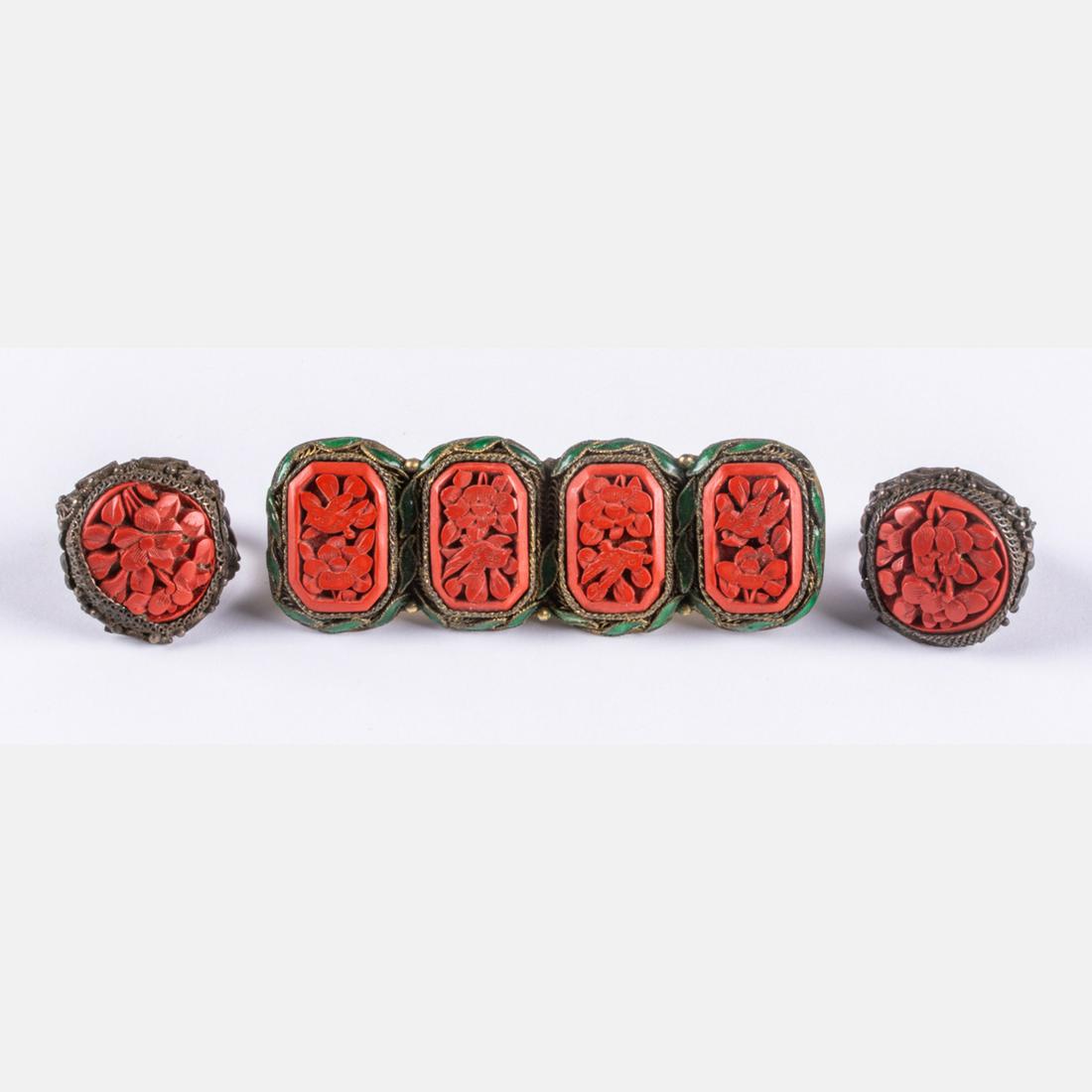 A Group of Chinese Carved Cinnabar Lacquered Jewelry, (1 of 3)