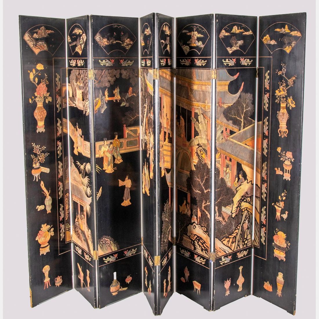 A Chinese Black Lacquered Eight Panel Floor Screen, (1 of 7)