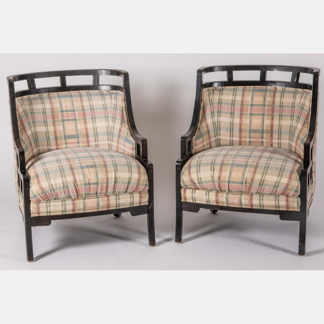 A Pair of Jay Spectre, Wallis Simpson, Upholstered: A Pair of Jay Spectre, Wallis Simpson, Upholstered Armchairs, 20th Century,From the Century Furniture Special Effects line.Each chair dimensions: H: 32 1/2 x W: 25 5/8 x D: 31 in.