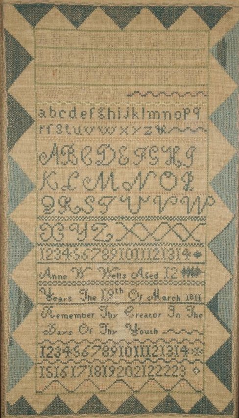 An Embroidered Linen Sampler, dated 1811, by Anne W: An Embroidered Linen Sampler, dated 1811, by Anne W. Wells, with Alphabet, Numbers and Poem. Signed and dated 19th of March 1811. Note Condition: Yellowing with age. Height: 21 Width: 12 Depth: