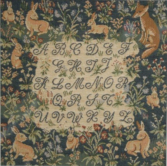 An Embroidered Reproduction Sampler with Alphabet a: An Embroidered Reproduction Sampler with Alphabet and Rabbits, Unsigned and Undated. Height: 9 Width: 9 Depth: