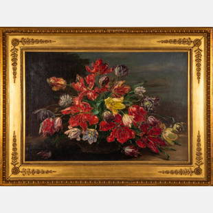 Georg Fischer-Elpons (German/Brazilian, 1866-1939): Georg Fischer-Elpons (German/Brazilian, 1866-1939) Floral Still Life, Oil on canvas, Signed lower left. Framed dimensions: H: 37 1/4 x W: 50 in. H: 27 W: 39 1/8 in.