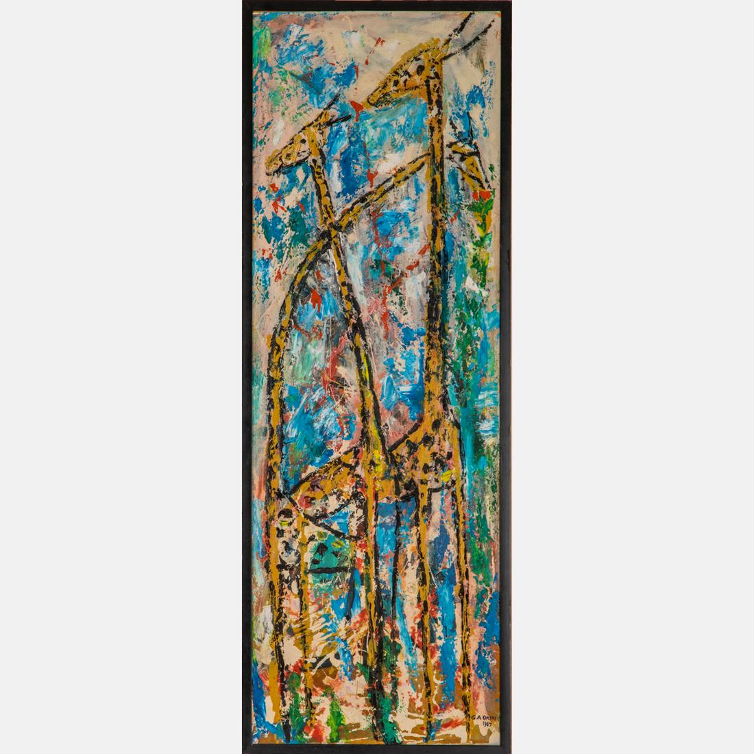 Godfrey A. Okiki (Nigerian, b. 1940) Giraffes, Oil on (1 of 6)