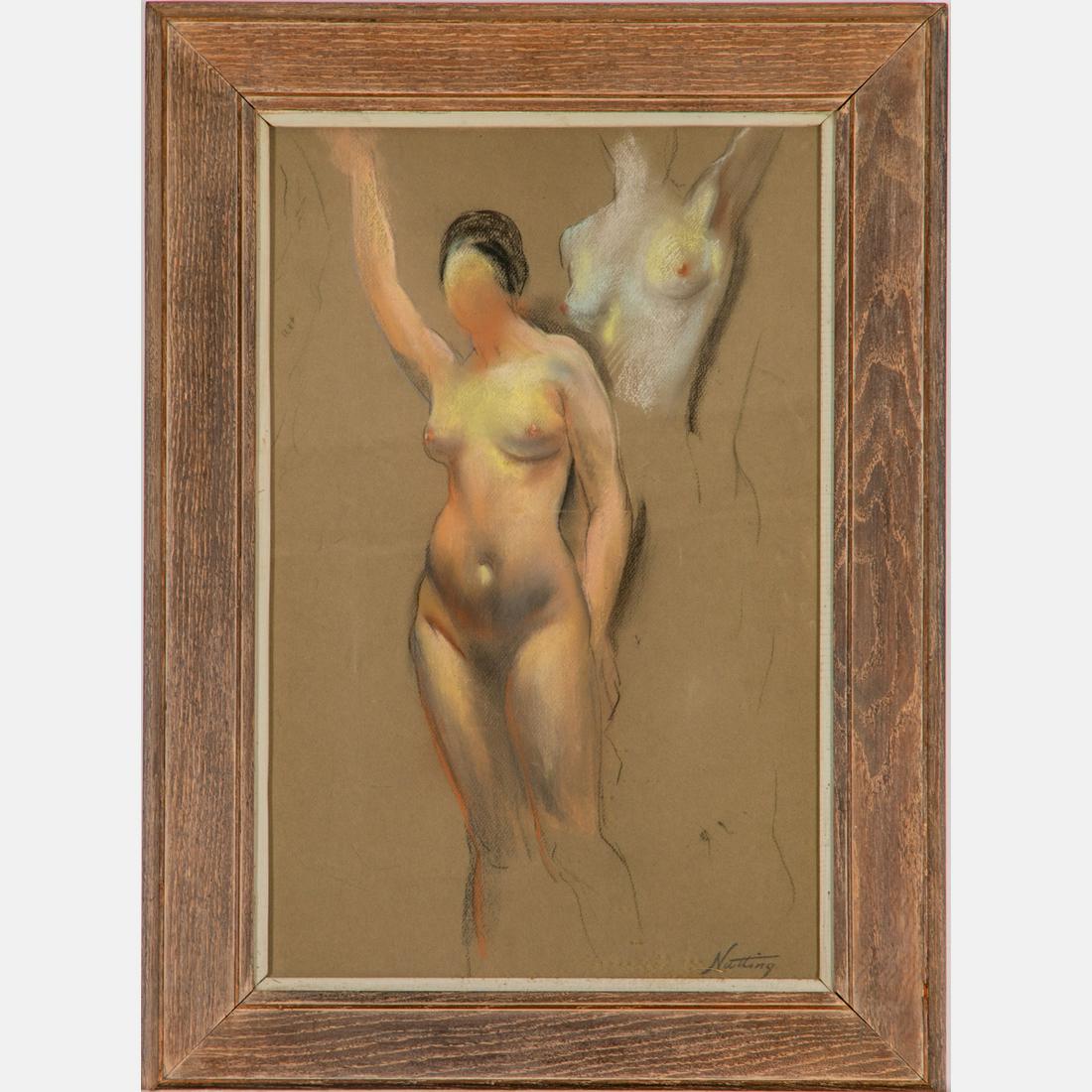 Myron Nutting (American, 1890-1972) Nude Study, Pastel: Myron Nutting (American, 1890-1972) Nude Study, Pastel on board, Signed lower right and on verso. Framed dimensions: H: 29 1/2 x W: 21 1/2 in. H: 23 W: 15 in.