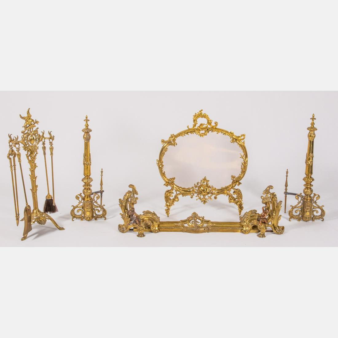 A Louis XV Style Gilt Brass Nine Piece Fire Set, 20th (1 of 10)