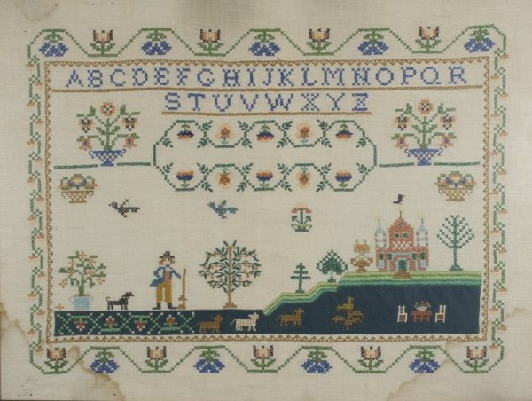 An Embroidered Sampler, 20th Century, with Alphabet: An Embroidered Sampler, 20th Century, with Alphabet, Animals, Figures, and Landscape Elements, unsigned and undated. Note Condition: water damage to lower right and left, yellowing with age. H: 18 W: 