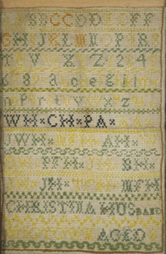 An Embroidered Sampler, with Alphabet, by Christina: An Embroidered Sampler, with Alphabet, by Christina Husband, Undated and Signed. Note Condition: some staining. H: 11 W: 7.50
