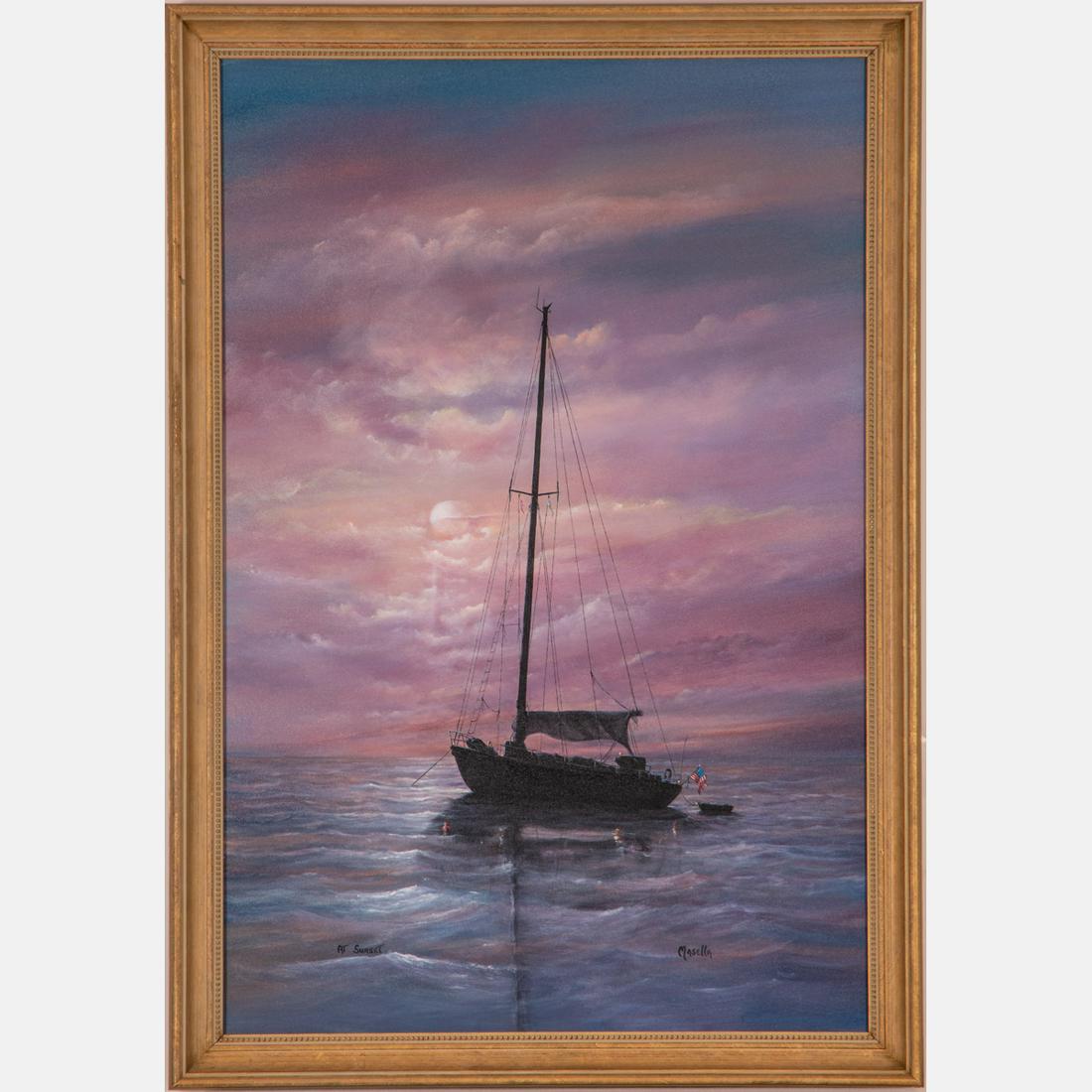 Robert A. Masella (20th Century) At Sunset, Oil on: Robert A. Masella (20th Century) At Sunset, Oil on canvas, Signed lower right. Framed dimensions: H: 39 5/8 x W: 27 5/8 in. H: 36 W: 24 in.