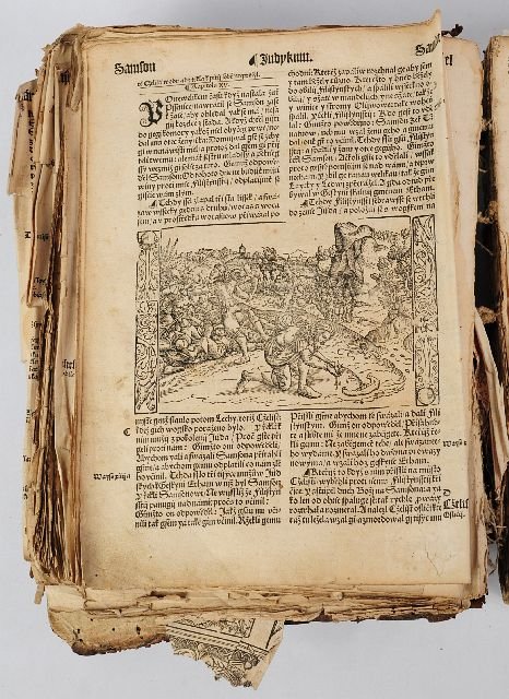 BIBLE, German. [N.p., n.d. (ca 16th century)].: BIBLE, German. [N.p., n.d. (ca 16th century)]. Folio (320 x 240 mm). 125 half-page and 3 full-page woodcut illustrations by Hans Brosamer, Georg Lemberger,and others (some chipping and tears with loss