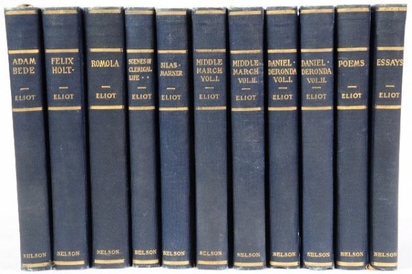ELIOT, George [pseudonym of Marian Evans (1819-1880: ELIOT, George [pseudonym of Marian Evans (1819-1880)]. Works. New York: Thomas Nelson and Sons, 1920.11 volumes only, 12mo. Frontispiece plate in each volume. Original blue cloth, gilt-stamped on fron