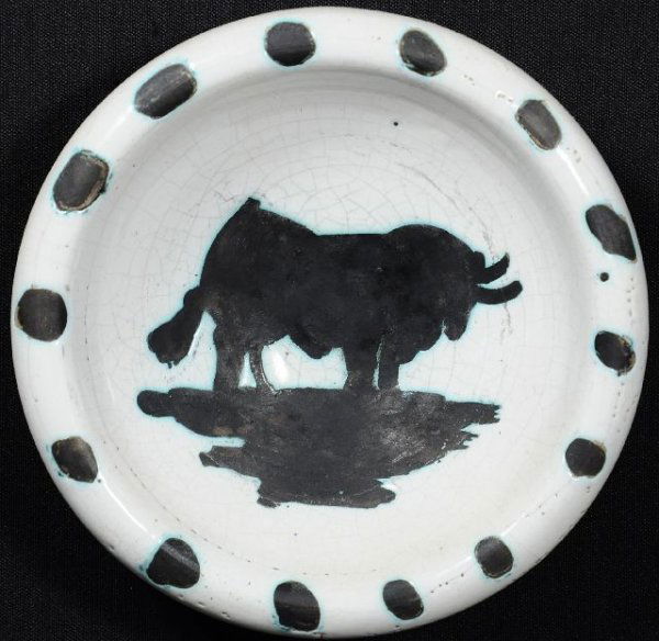 Pablo Picasso (Spanish, 1881-1973) Bull, Partially: Pablo Picasso (Spanish, 1881-1973) Bull, Partially Glazed Ceramic Round Plate Painted in Black and White, On Back Inscribed Edition Picasso, Stamped Madoura. With Certificate of Authenticity. Diameter