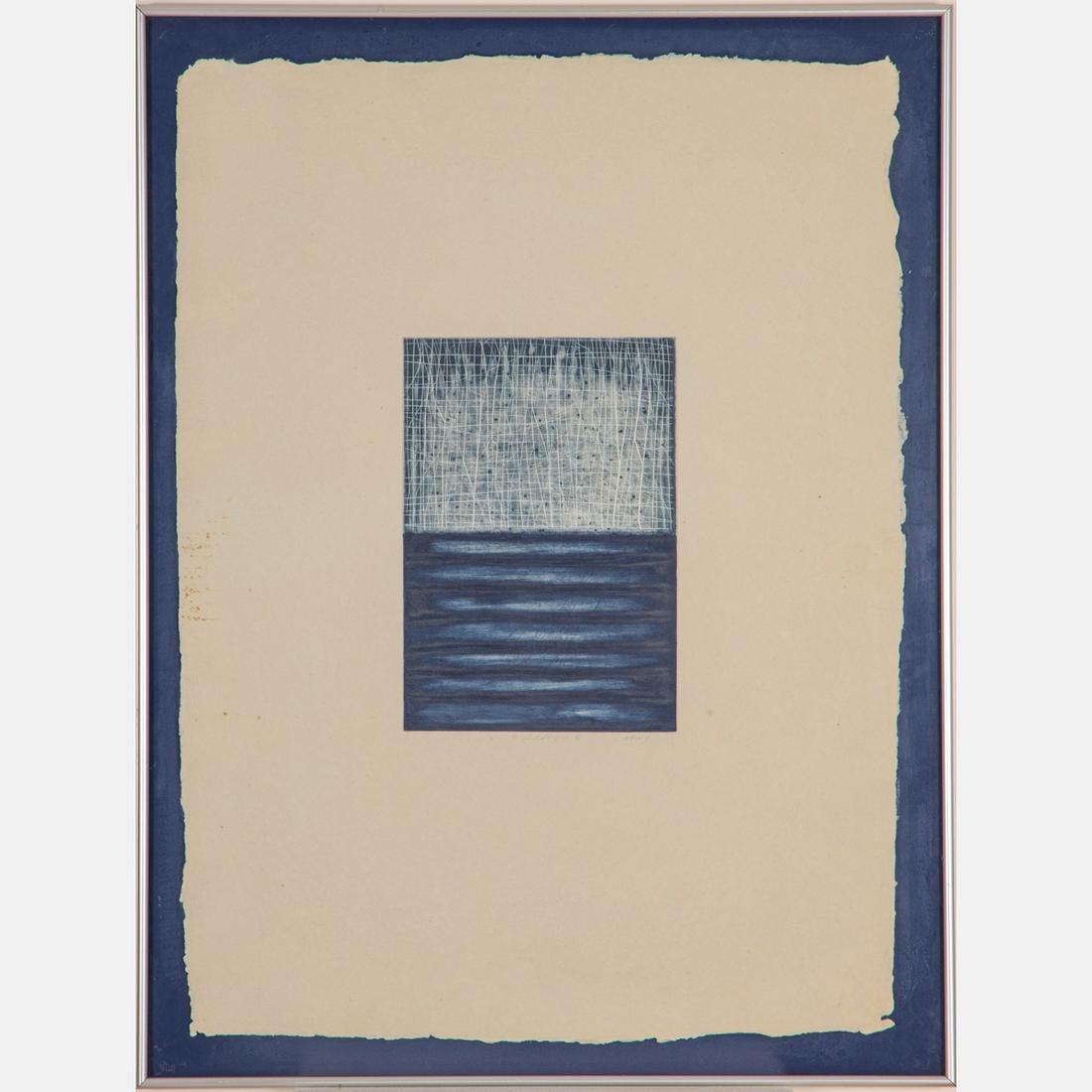 David Shapiro (American, 1944-2014) Kala 7, Etching on: David Shapiro (American, 1944-2014) Kala 7, Etching on handmade blue Indian paper, Signed lower center. The Print Club of Cleveland publication no. 71, 1993. Framed dimensions: H: 35 x W: 26 1/2 in. H