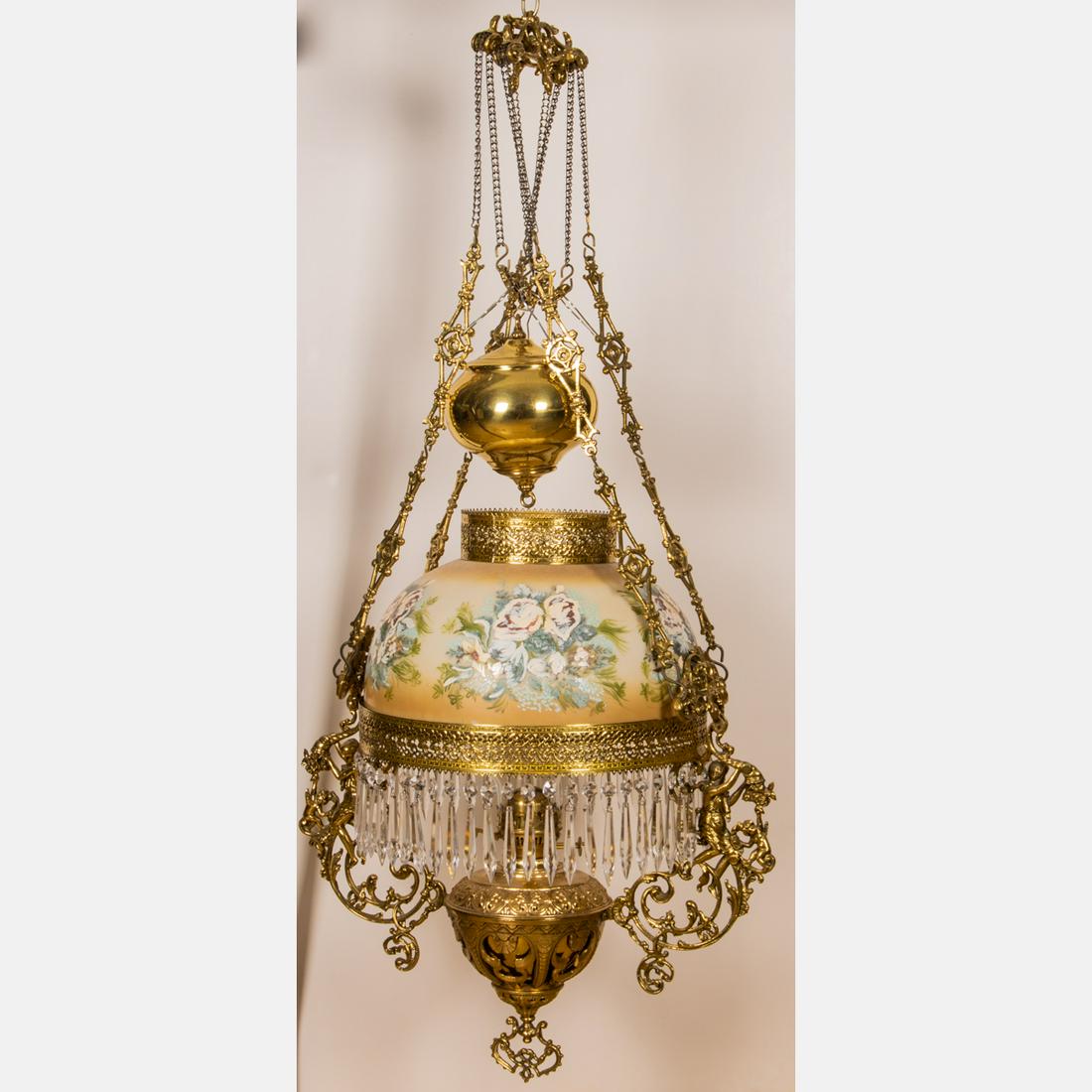 An American Brass and Painted Milk Glass Hanging Oil (1 of 9)
