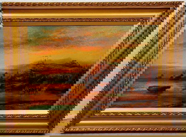 William Langley (British, 1852-1922), Harbor Scene,: William Langley (British, 1852-1922), Harbor Scene, Oil on Canvas, Height: 16" Width: 24"