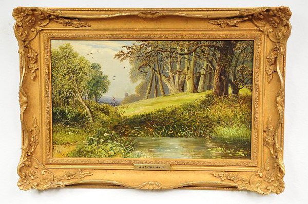 J.D. Morris (British, 19th Century), Landscape wit: J.D. Morris (British, 19th Century), Landscape with Pond, Oil on Canvas, Height: 12" Width: 20"