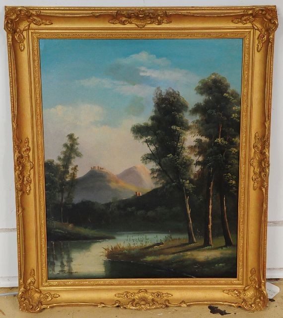 L. Thompson (British, 19th Century), Landscape wit: L. Thompson (British, 19th Century), Landscape with Trees and Streams, Oil on Canvas, Height: 25" Width: 19.75"