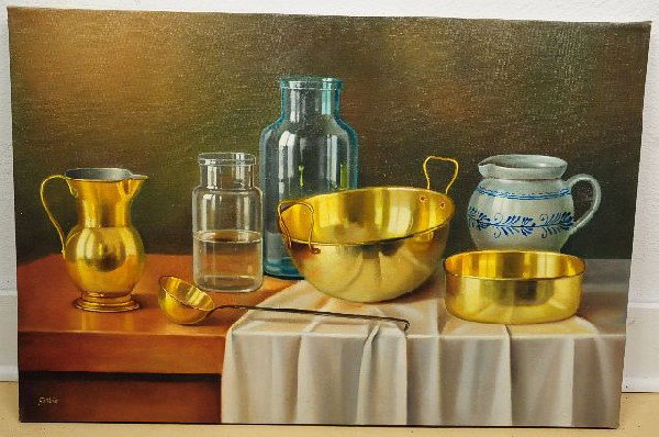 Andras Gombar (French, b. 1946), Still Life with G: Andras Gombar (French, b. 1946), Still Life with Glass Jars, Oil on Canvas, Height: 24" Width: 36"