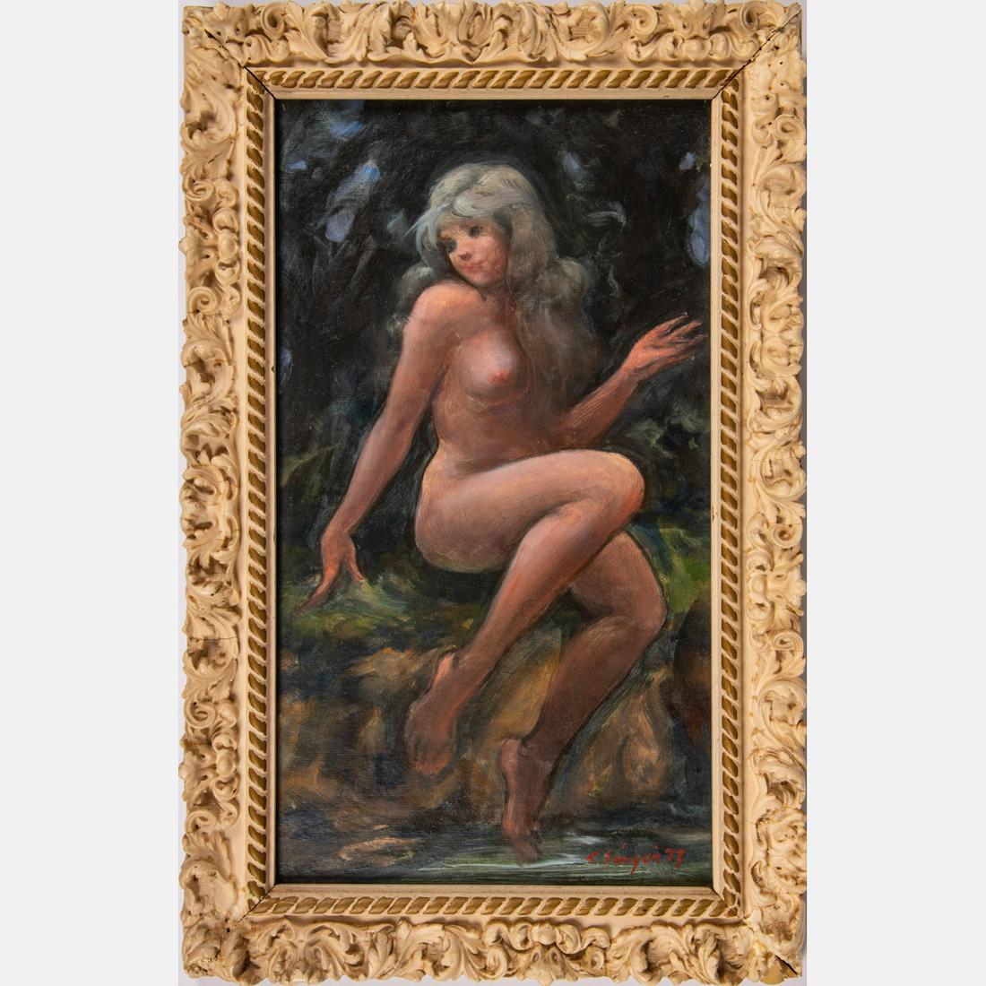 Clyde J. Singer (American, 1908-1999) Nude Outdoors,: Clyde J. Singer (American, 1908-1999) Nude Outdoors, Oil on board, Signed, and dated '73 lower right and signed,titled and dated on verso. Framed dimensions: H: 16 3/4 x W: 10 5/8 in. H: 14 W: 8 in.