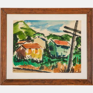George Roby (American, 1936-2017) Landscape with House,: George Roby (American, 1936-2017) Landscape with House, Watercolor on paper, Signed and dated 1957-58 on verso. Framed dimensions: H: 25 1/2 x W: 30 1/2 in. H: 17 3/8 W: 22 1/2 in.