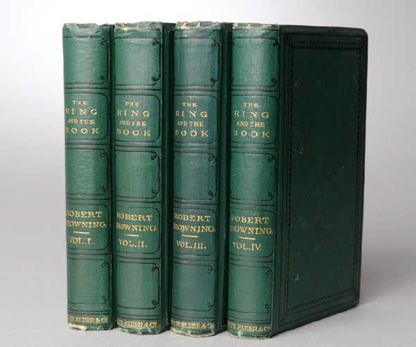 BROWNING, Robert (1812-1889). The Ring and the Book: London: Smith, Elder, and Co., 1868-1869.4 volumes, 8vo (172 x 110 mm). Advertisement leaf bound at end of volume one. (Some occasional very minor spotting.) Original green cloth, ruled in black on co