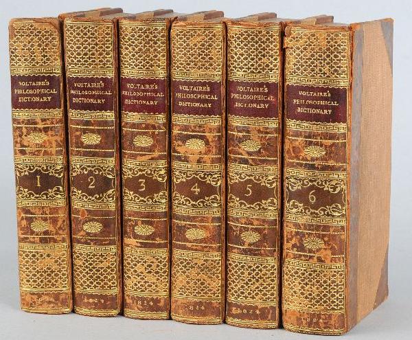 VOLTAIRE Francois Marie Arouet de (1694-1778). A P: London: J. and H. Hunt, 1824.6 volumes, 12mo (165 x 94 mm). Engraved frontispiece in volume one. Later half calf, spine gilt, top edges gilt (lacking back cover of volume one, joints of most volumes c