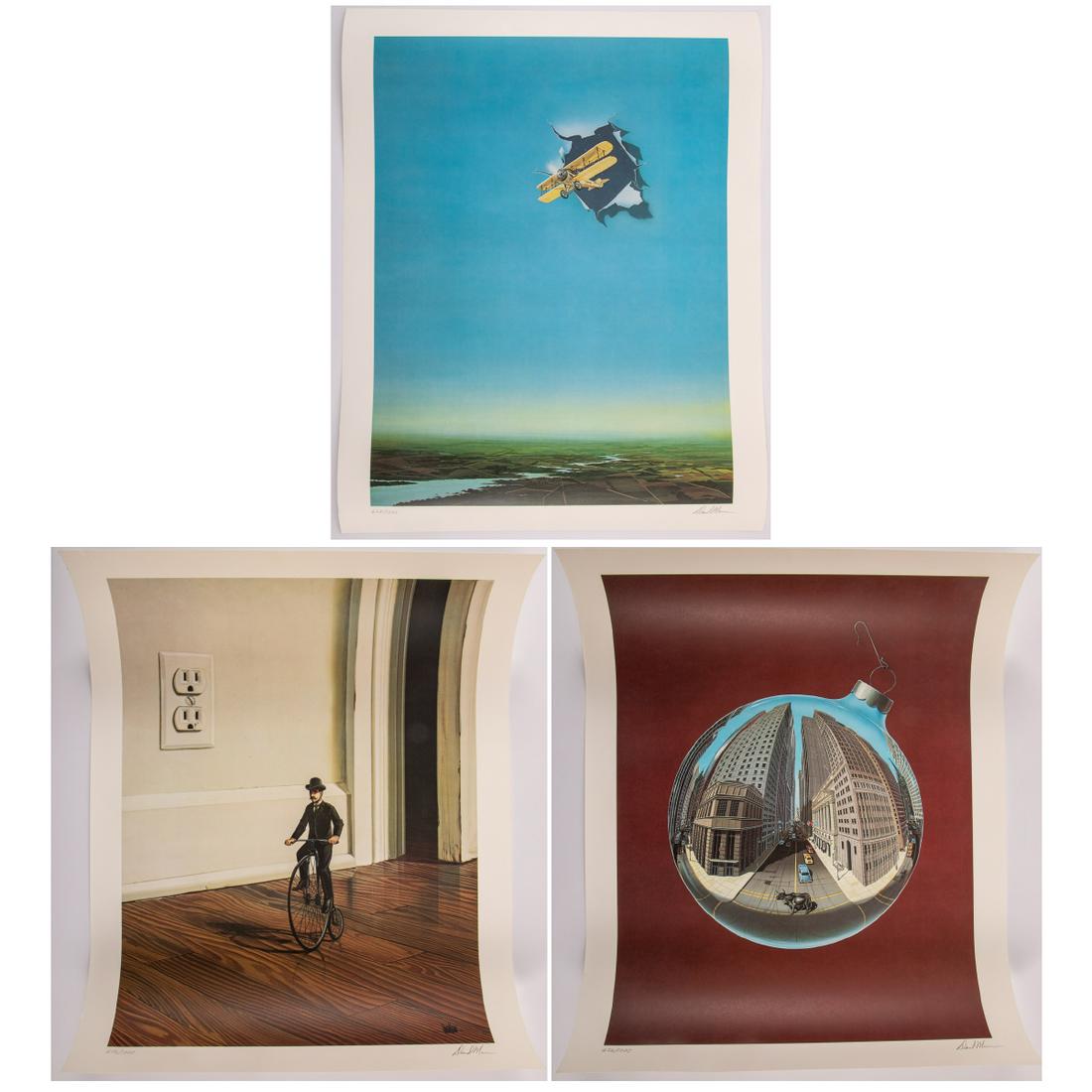A Group of Three Unframed Surrealist Offset Lithographs: A Group of Three Unframed Surrealist Offset Lithographs by David Mann (American, 1940-2004), Titled: Boneshaker, signed lower right and edition of 606/1000. Titled: Fisheye View of Wallstreet, signed