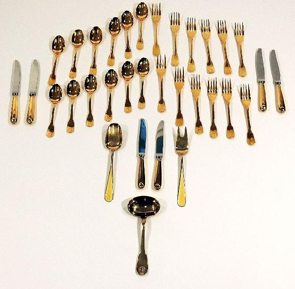 A Collection of Gold Vermeil Christofle Flatware, : A Collection of Gold Vermeil Christofle Flatware, 20th Century, with twelve forks, twelve spoons and six knives, together with two J. Tostrup gold vermeil and enamelled spoon and fork.