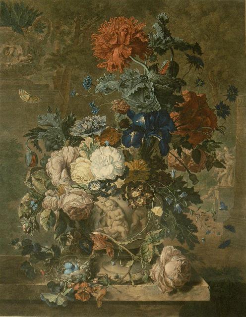 Richard Earlom (British, 1743-1822) "A Flower Piece: Richard Earlom (British, 1743-1822) ""A Flower Piece"" and ""A Fruit Piece"" Colored Mezzotint, After Jan van Huysum. Note Condition: there are 2 tears (l. 0.25 in) on the left edge of ""A Flower Piec
