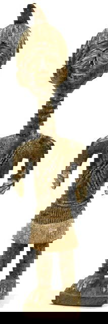 A Wood Standing Male Figure, Mende Art Style, Sierr: A Wood Standing Male Figure, Mende Art Style, Sierra Leone, with white and black pigment, with elongated neck, wearing a skirt and crossed necklaces. Height: 20.5 Width: 5 Depth: African Art & Scul