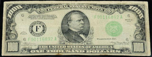 One, One Thousand Dollar Bill 1934 Atlanta, GA: Atlanta GA. Federal Reserve. Note is in very good condition