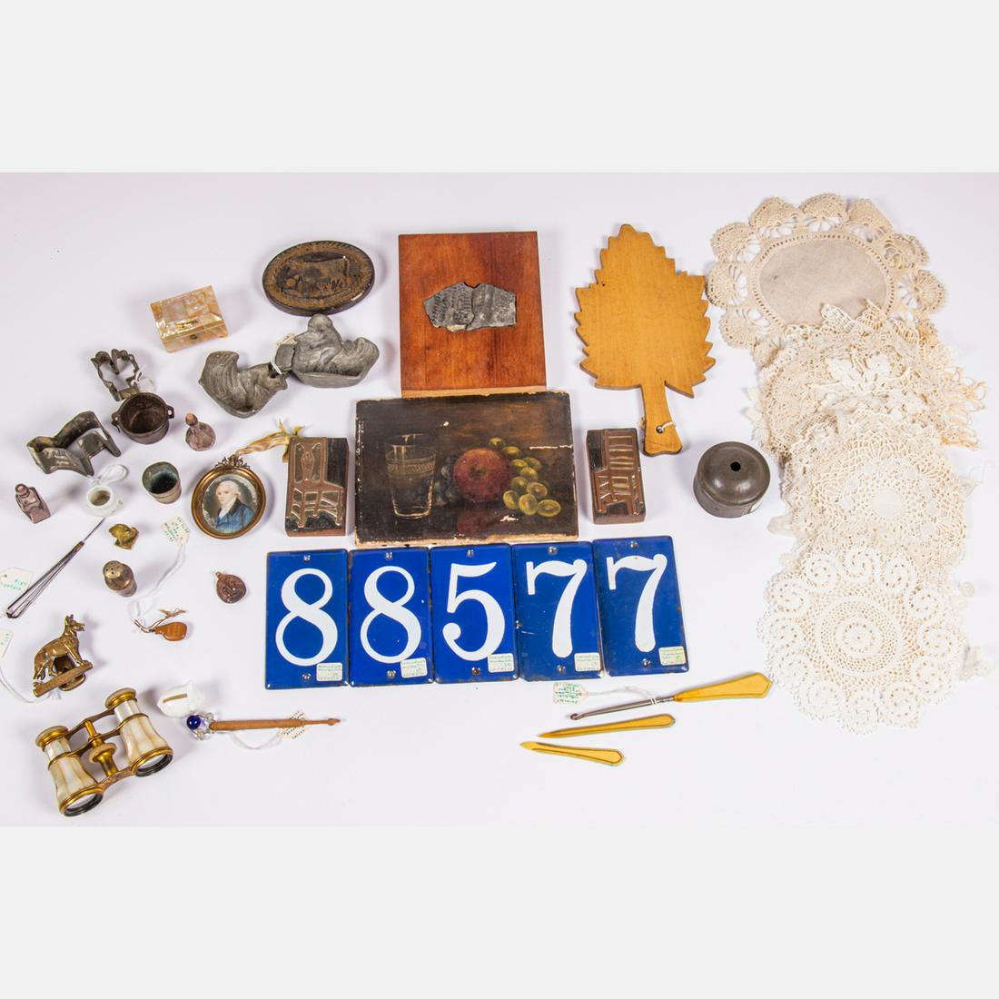 A Collection of American and Continental Antique Brass,: A Collection of American and Continental Antique Brass, Wood, Lace and Metal Decorative Objects, 19th Century, Including a pair of antique opera glasses, a brass dog form door knocker, crochet hooks,