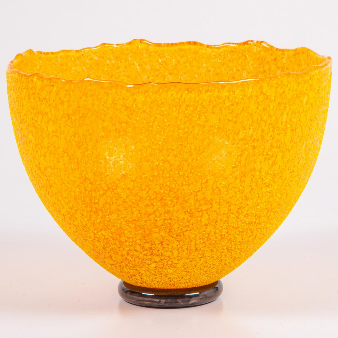 A Vintage Kosta Boda Yellow Art Glass Bowl By Bertil: A Vintage Kosta Boda Yellow Art Glass Bowl By Bertil Vallien (Swedish, b. 1938), Inscribed Kosta Boda B. Vallien 7030315 on base. H: 6 W: 7 1/2 in.