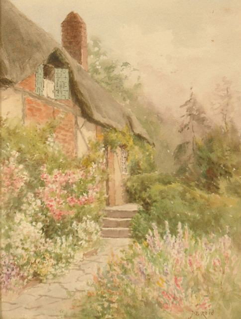 Jane Brewster (American, 1862-1966), Cottage Scene: Jane Brewster (American, 1862-1966), Cottage Scene, Watercolor on Paper, Signed lower right ""J.B. Reid"". Height:11 Width:8.5 Depth: