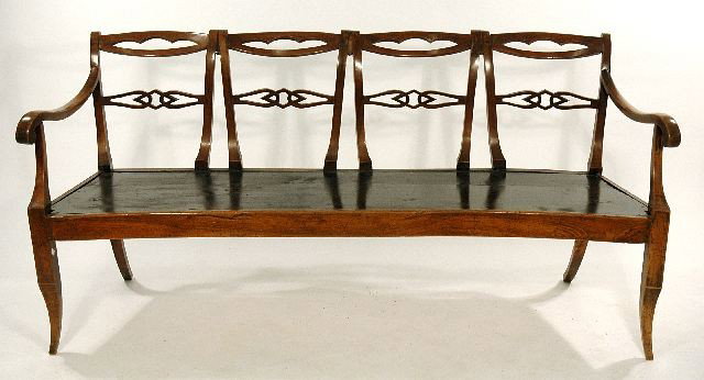 An American Federal Fruit Wood Settee, 19th Centur: An American Federal Fruit Wood Settee, 19th Century, with 20th century modifications throughout. Note Condition: Cracks and losses, refinished, poor restoration overall, worm holes in areas. Height:34