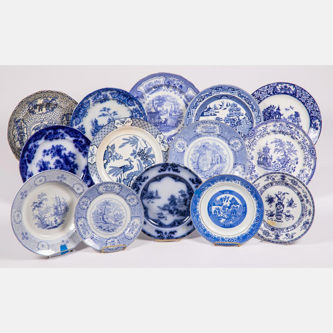 Fourteen English and Dutch Blue and White Transferware: Fourteen English and Dutch Blue and White Transferware Plates and Shallow Bowls by Various Makers, 19th/20th Century, Including Staffordshire, Spode, Wood and Sons and William Adams. Largest dimension