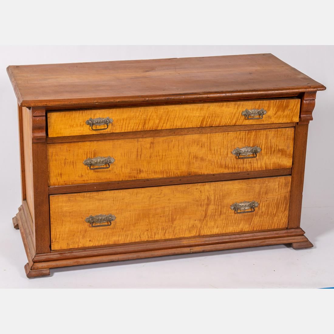 Victorian Tiger Maple and Walnut Low Chest of Drawers (1 of 4)
