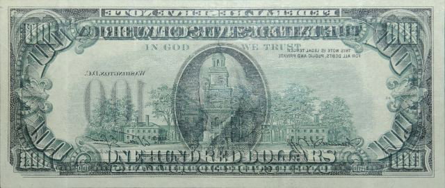 A "Major Error" One Hundred Dollar Bill, 1974,: With PCGS grading of Very Fine, 35PPQ FR. 2167-G 1974 $100 Error Federal Reserve Note serial # G33928307a, Plate # A37/24, full face to back offset, full front is printed on the back of note.