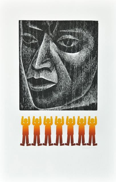 Elizabeth Catlett (American, b. 1915) Man Woodcut a: Elizabeth Catlett (American, b. 1915) Man Woodcut and color linocut, Signed, dated and titled in pencil, pinted in 2003. The print club of Cleveland publication # 83. Sheet size: h: 26 x w: 18 in. Hei