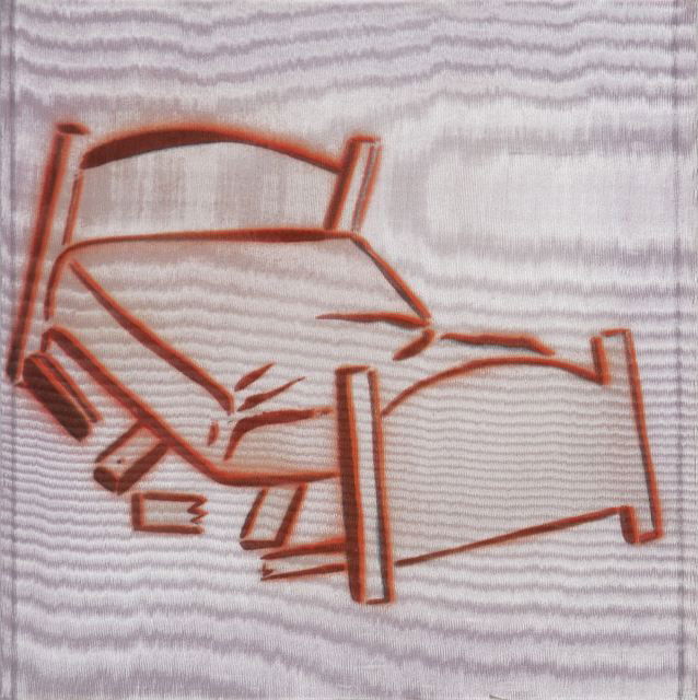 Steve Gianakos (American, b. 1938) Untitled (broken: Steve Gianakos (American, b. 1938) Untitled (broken bed), 1974, Acrylic on fabric, Signed, dated and dedicated on back "For Murry...Steve Gianakos 1974". Height: 12.38 Width: 12.5 Depth: