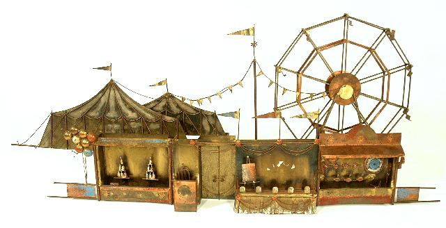 Curtis Jeré (American, 20th century) Fairground, C: Curtis Jeré (American, 20th century) Fairground, Copper & Brass Wall Sculpture, Copper & Brass wall sculpture depicting a Fairground with a Big Wheel, Big Tents and fairground booths. Signed lower ri