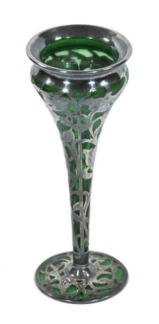 A Sterling Silver Overlay Green Glass Vase,: A Sterling Silver Overlay Green Glass Vase, Early 20th Century. Height: 8 Width: 3 Depth: